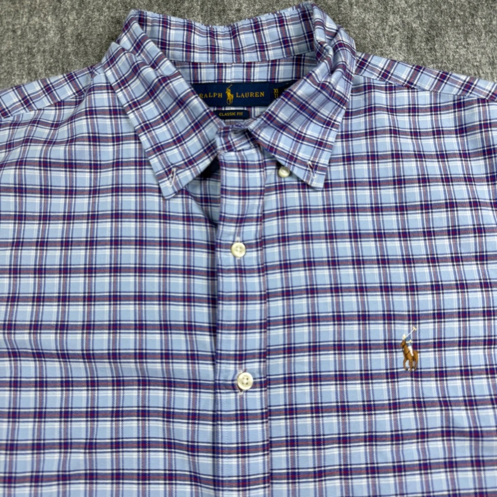 Polo Ralph Lauren Button Down Shirt Mens XL Blue Purple Plaid Classic Short Slv